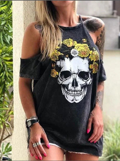 Skull Dress Loose off-Shoulder Skull Print T-shirt