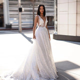 See through Wedding Dress Deep V-neck Backless Long Dress