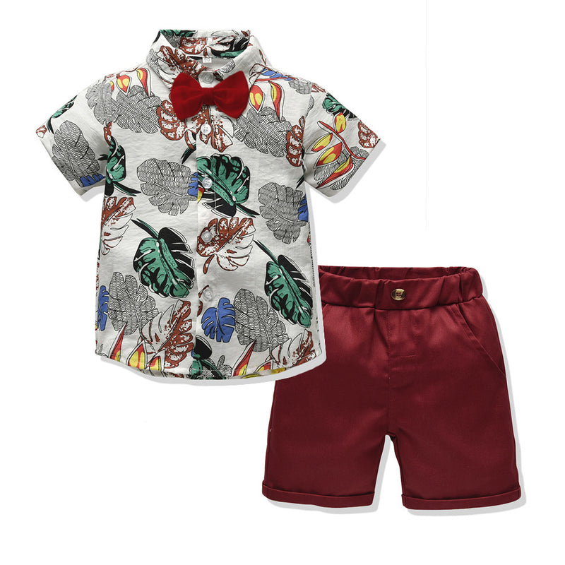 Children Boy Co Ord 2 Piece Set Fashion Short Sleeve Shirt Trousers 2 PCs Set Leaves Flower Beach