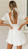 Milkmaid Dress Square Collar Puff Sleeve Lace-up Backless Smocked Waist Collect Skater Midi Dress