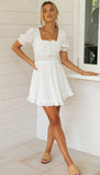 Milkmaid Dress Square Collar Puff Sleeve Lace-up Backless Smocked Waist Collect Skater Midi Dress