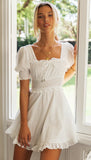 Milkmaid Dress Square Collar Puff Sleeve Lace-up Backless Smocked Waist Collect Skater Midi Dress