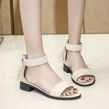 Nude Block Heel Peep Toe Flat Zipper Low Heel Roman Shoes Beach Sandals