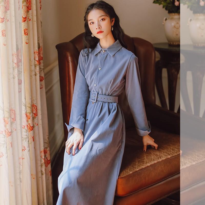 Spring Retro Lace Up Mid-Length Dress Cottagecore Academia Fashion Dresses