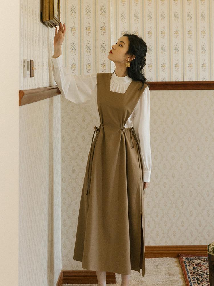 Spring Vintage Shirt with Vest Dress Two-Piece Set Waist 2 Pieces Set Cottagecore Academia Fashion Dresses