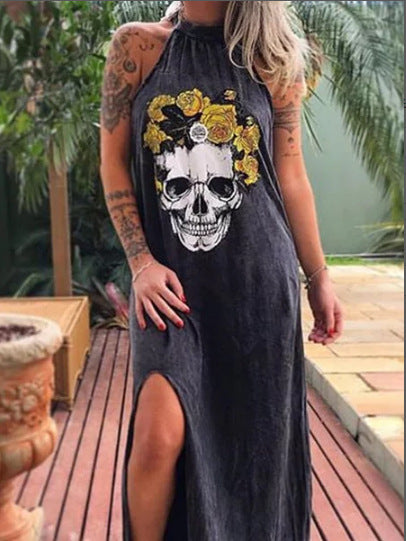 Skull Dress Women's Skull Print Strapless round Neck Sexy Dress