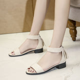 Nude Block Heel Peep Toe Flat Zipper Low Heel Roman Shoes Beach Sandals