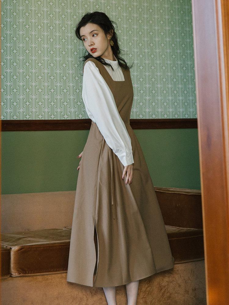 Spring Vintage Shirt with Vest Dress Two-Piece Set Waist 2 Pieces Set Cottagecore Academia Fashion Dresses