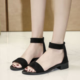 Nude Block Heel Peep Toe Flat Zipper Low Heel Roman Shoes Beach Sandals