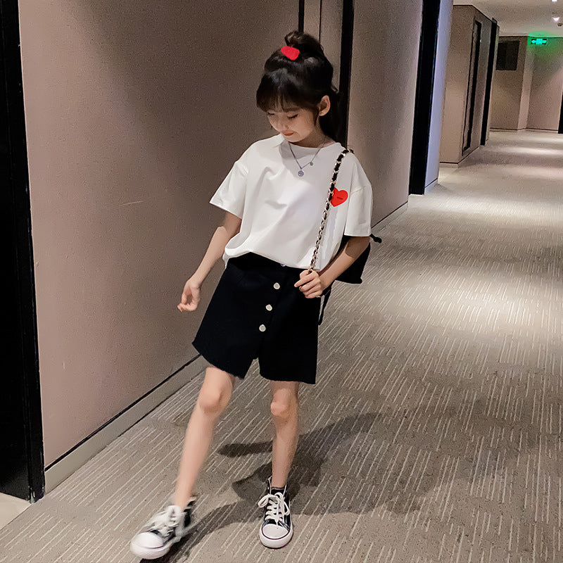 Girls' Suit Summer Loose T-shirt Children's Denim Shorts Two-Piece Set Girl's 2 Piece Set