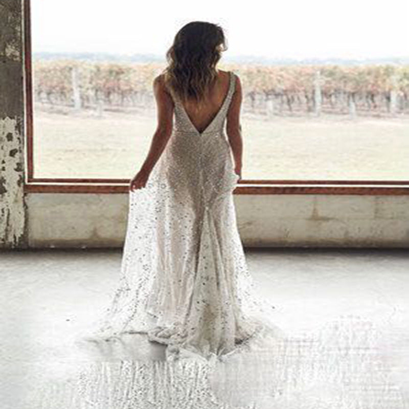 Bohemian Coachella Outfits Dress Sequined Waist plus Pearl V-neck Long Dress