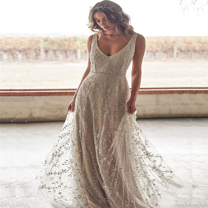 Bohemian Coachella Outfits Dress Sequined Waist plus Pearl V-neck Long Dress