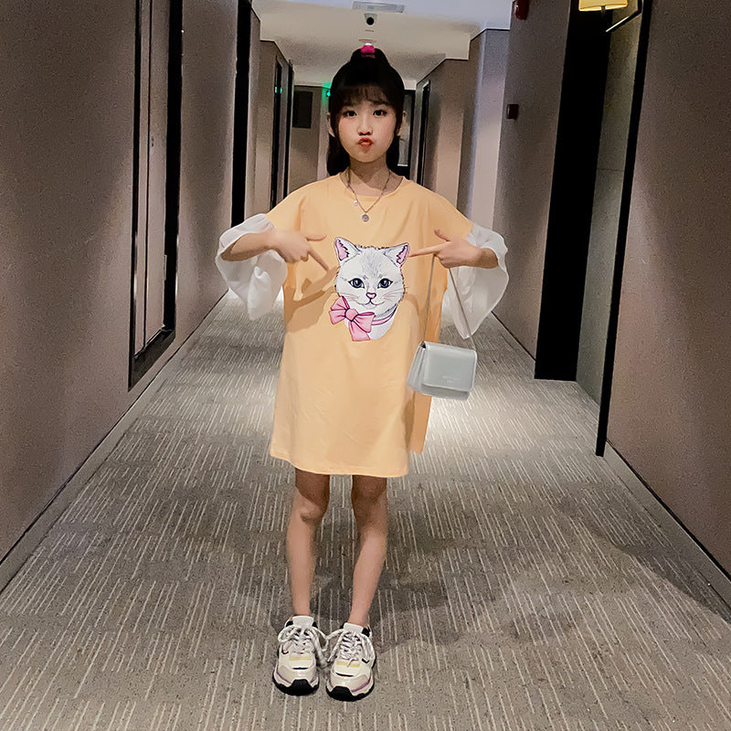 Children's Summer Dress Girls' Mid-Length Short-Sleeved Top Girl Shirts