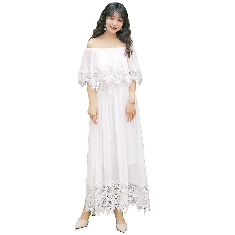 Summer Off-the-Shoulder Lace Dress Holiday Irregular Dress White  Bohemia Retro Vintage Cottagecore Aesthetic Flowy Victoria Cottage Core Boho Dress