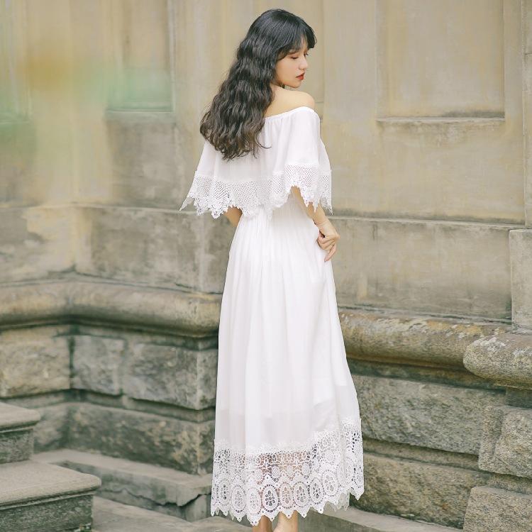 Summer Off-the-Shoulder Lace Dress Holiday Irregular Dress White  Bohemia Retro Vintage Cottagecore Aesthetic Flowy Victoria Cottage Core Boho Dress