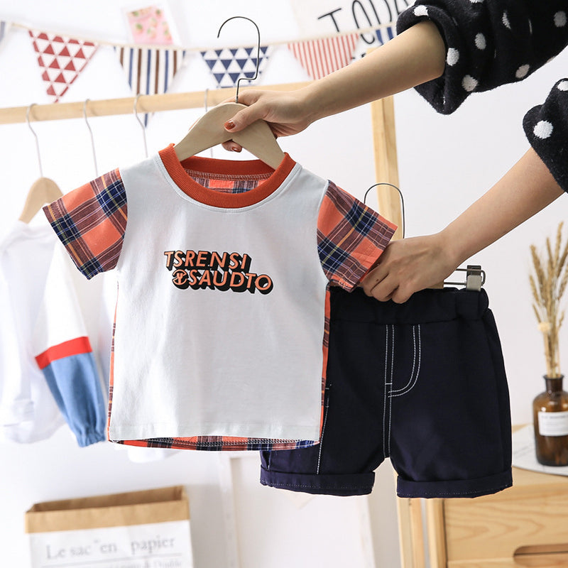 Children Boy Co Ord Fashion Plaid Short Sleeve T-shirt Jeans 2 Piece Set
