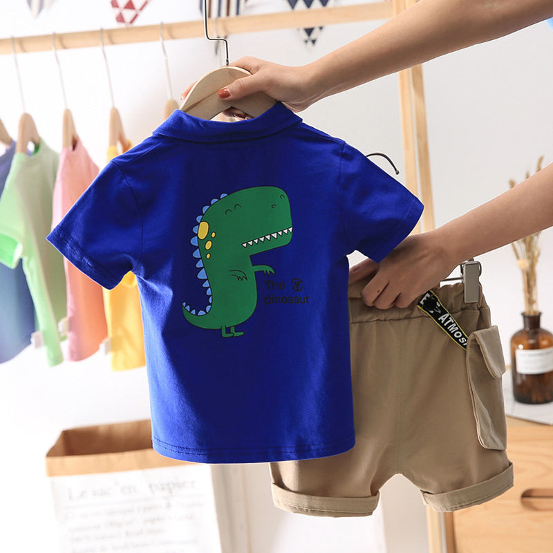 Children Boy Co Ord Summer Cartoon Dinosaur Short Sleeve Shorts 2 Piece Set