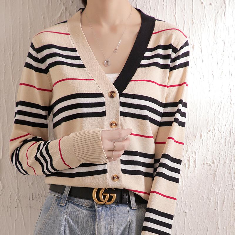 Knitted Cardigan Striped Coat V-neck Sweater