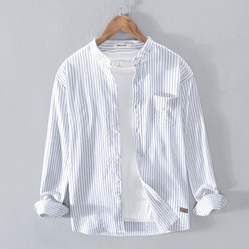 White Work Shirts Medal Striped Men's Stand Collar Cotton Shirt