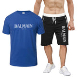 Balmain T Shirt & Sweatpant 2 Piece Set Printed round Neck Short Sleeve T-shirt Top Five-Point Shorts Casual Sports Suit