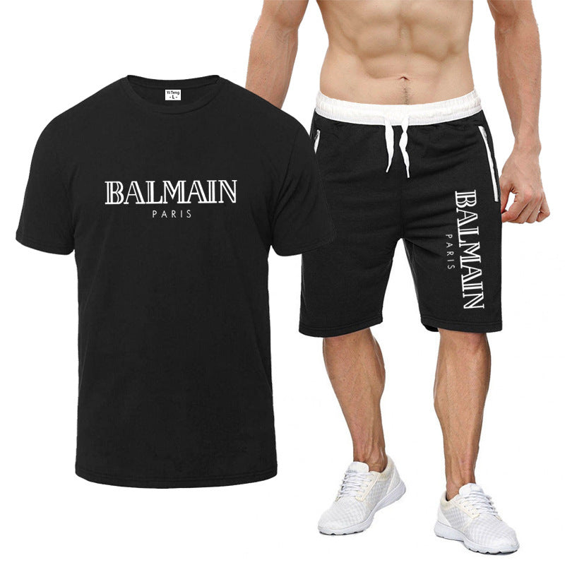 Balmain T Shirt & Sweatpant 2 Piece Set Printed round Neck Short Sleeve T-shirt Top Five-Point Shorts Casual Sports Suit