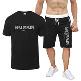 Balmain T Shirt & Sweatpant 2 Piece Set Printed round Neck Short Sleeve T-shirt Top Five-Point Shorts Casual Sports Suit