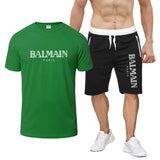 Balmain T Shirt & Sweatpant 2 Piece Set Printed round Neck Short Sleeve T-shirt Top Five-Point Shorts Casual Sports Suit