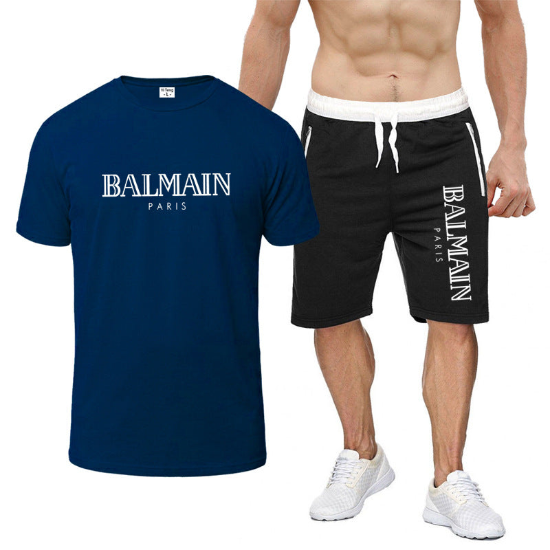 Balmain T Shirt & Sweatpant 2 Piece Set Printed round Neck Short Sleeve T-shirt Top Five-Point Shorts Casual Sports Suit