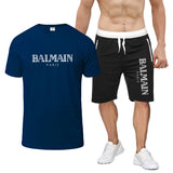Balmain T Shirt & Sweatpant 2 Piece Set Printed round Neck Short Sleeve T-shirt Top Five-Point Shorts Casual Sports Suit
