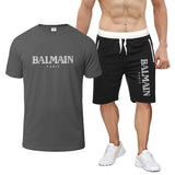 Balmain T Shirt & Sweatpant 2 Piece Set Printed round Neck Short Sleeve T-shirt Top Five-Point Shorts Casual Sports Suit