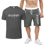 Balmain T Shirt & Sweatpant 2 Piece Set Printed round Neck Short Sleeve T-shirt Top Five-Point Shorts Casual Sports Suit