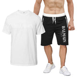 Balmain T Shirt & Sweatpant 2 Piece Set Printed round Neck Short Sleeve T-shirt Top Five-Point Shorts Casual Sports Suit