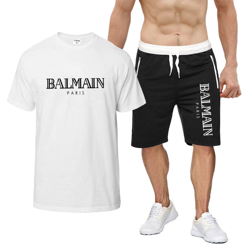 Balmain T Shirt & Sweatpant 2 Piece Set Letter Print Men's Short-Sleeved T-shirt 5 Pants Suit