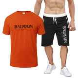 Balmain T Shirt & Sweatpant 2 Piece Set Letter Print Men's Short-Sleeved T-shirt 5 Pants Suit