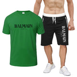 Balmain T Shirt & Sweatpant 2 Piece Set Letter Print Men's Short-Sleeved T-shirt 5 Pants Suit