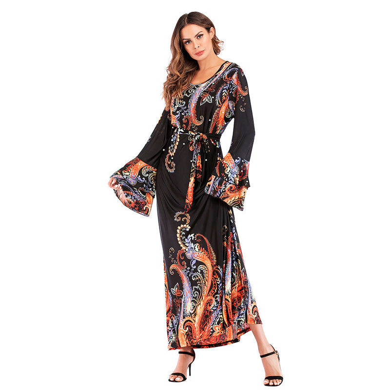Muslim Women Stylish Kashibo Abaya Muslim Ladies Long Gown Islamic Clothing Jilbab Jalabiya Printed Round Neck Bead Dress
