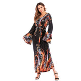 Muslim Women Stylish Kashibo Abaya Muslim Ladies Long Gown Islamic Clothing Jilbab Jalabiya Printed Round Neck Bead Dress
