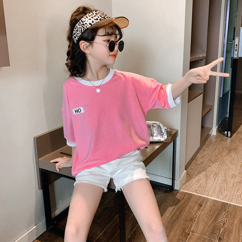 Summer T-shirt Girls' Short Sleeve Striped Top Clothes Girl T Shirts