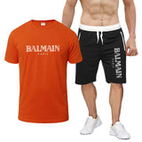 Balmain T Shirt & Sweatpant 2 Piece Set Printed round Neck Short Sleeve T-shirt Top Five-Point Shorts Casual Sports Suit