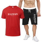 Balmain T Shirt & Sweatpant 2 Piece Set Printed round Neck Short Sleeve T-shirt Top Five-Point Shorts Casual Sports Suit