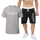 Balmain T Shirt & Sweatpant 2 Piece Set Printed round Neck Short Sleeve T-shirt Top Five-Point Shorts Casual Sports Suit
