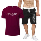 Balmain T Shirt & Sweatpant 2 Piece Set Printed round Neck Short Sleeve T-shirt Top Five-Point Shorts Casual Sports Suit
