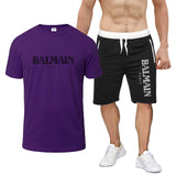 Balmain T Shirt & Sweatpant 2 Piece Set Letter Print Men's Short-Sleeved T-shirt 5 Pants Suit