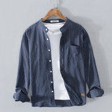 White Work Shirts Medal Striped Men's Stand Collar Cotton Shirt