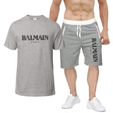 Balmain T Shirt & Sweatpant 2 Piece Set Printed round Neck Short Sleeve T-shirt Top Five-Point Shorts Casual Sports Suit