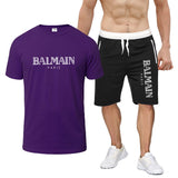 Balmain T Shirt & Sweatpant 2 Piece Set Printed round Neck Short Sleeve T-shirt Top Five-Point Shorts Casual Sports Suit