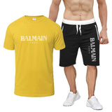 Balmain T Shirt & Sweatpant 2 Piece Set Printed round Neck Short Sleeve T-shirt Top Five-Point Shorts Casual Sports Suit