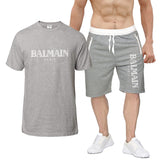 Balmain T Shirt & Sweatpant 2 Piece Set Printed round Neck Short Sleeve T-shirt Top Five-Point Shorts Casual Sports Suit