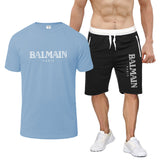 Balmain T Shirt & Sweatpant 2 Piece Set Printed round Neck Short Sleeve T-shirt Top Five-Point Shorts Casual Sports Suit