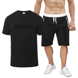 Balmain T Shirt & Sweatpant 2 Piece Set Letter Print Men's Short-Sleeved T-shirt 5 Pants Suit